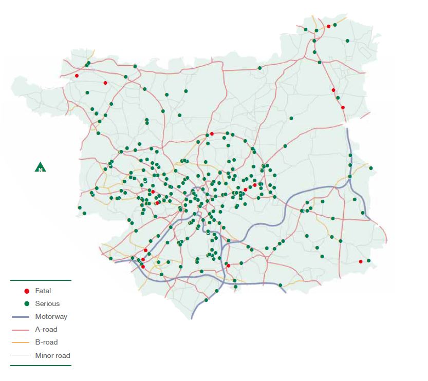 infographic showing fatal and serious collisions involving powered two-wheeler casualties between 2017 and 2021 across motorways, A-roads, B-roads and minor roads. This shows an even spread of serious collisions across Leeds, and the small number of fatal collisions spread fairly evenly across the Leeds council area but none within the city centre.