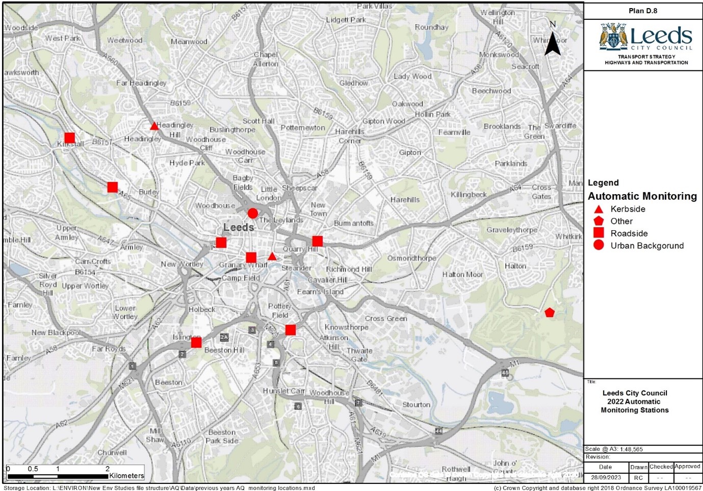 map showing all the automatic nitrogen dioxide monitors in Leeds