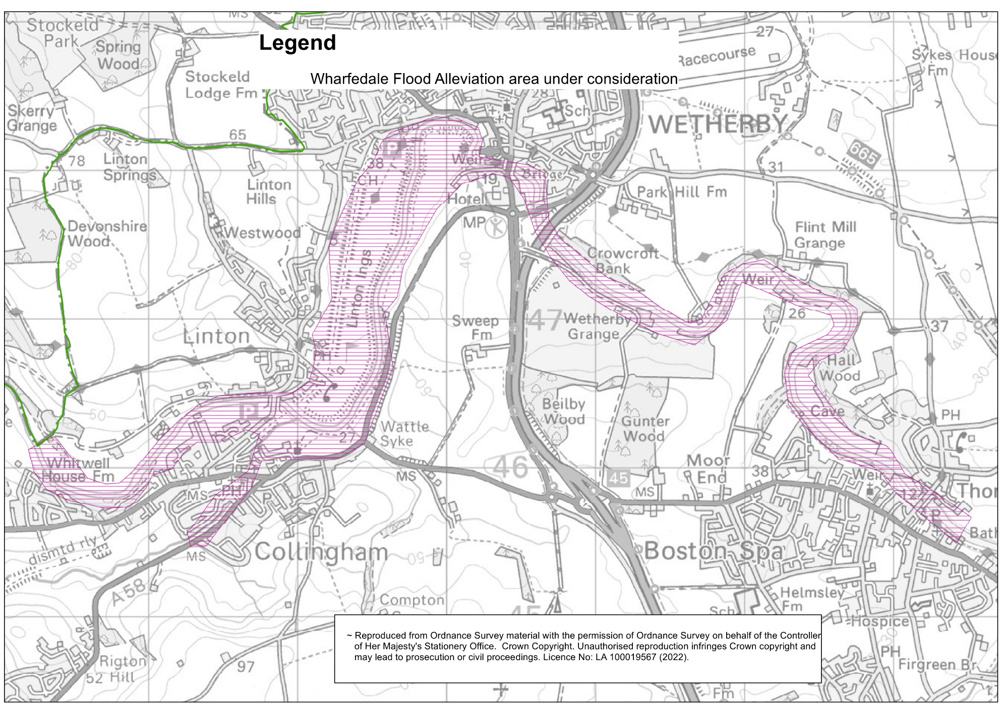 Map showing hatched area under consideration for the Middle Wharfe Catchment FRS