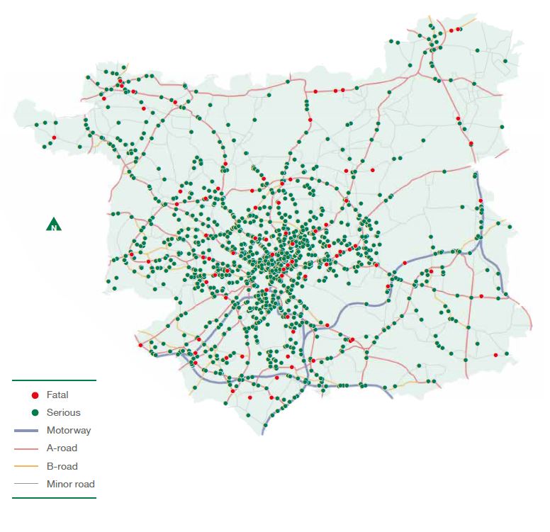 infographic showing fatal and serious collisions across Leeds on motorways, A-roads, B-roads and minor roads. The majority of all collision types are in the city centre and surrounding areas, with an even spread across all road types in the wider Leeds council area