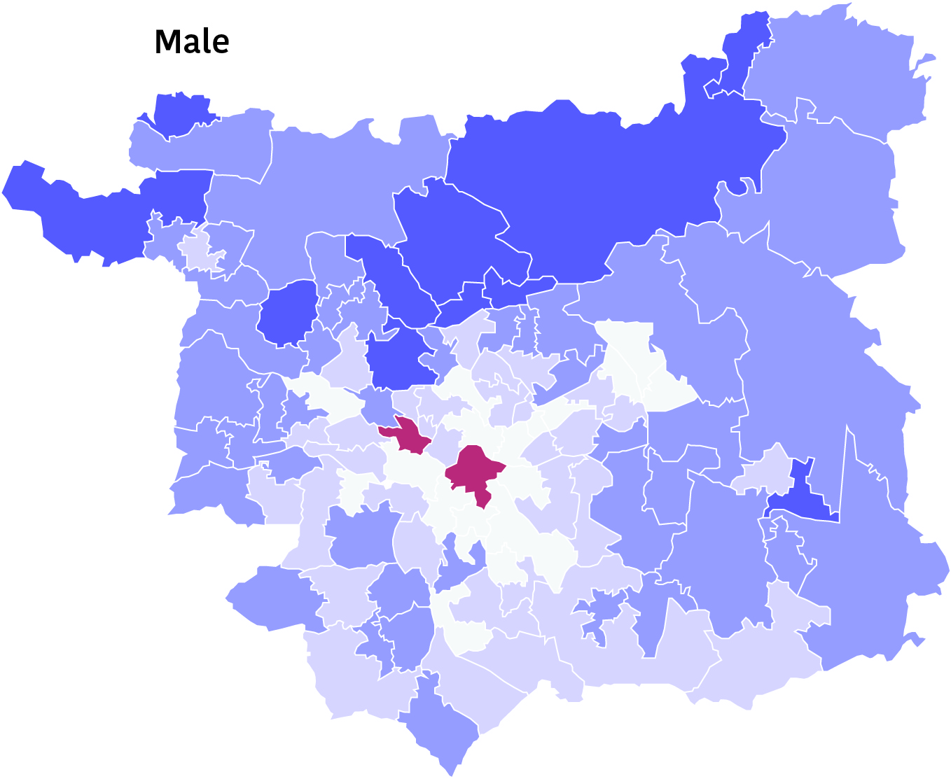 map showing how life expectancy for males varies between different areas of Leeds, indicating an overall longer life expectancy in outer areas of Leeds and shorter in the most deprived areas