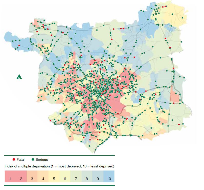 infographic comparing fatalities and KSI across the Leeds council area with locations according to the index of multiple deprivation. This broadly shows a higher number of crashes in the city centre and surrounding suburbs and the majority of fatal crashes happening in or close to the most deprived areas.