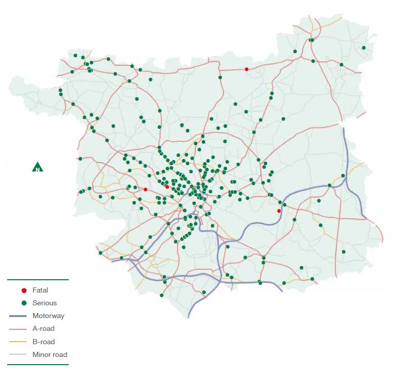 infographic showing fatal and serious collisions involving pedal bike casualties between 2016 and 2020 across motorways, A-roads, B-roads and minor roads. This shows a high proprotion of serious collisions in and close to the city centre, and only a small number of fatal collisions spread fairly evenly across the Leeds council area.