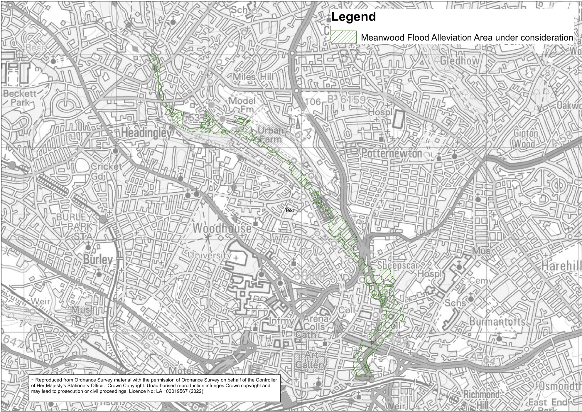 Map showing hatched area under consideration for the Meanwood Beck FRS