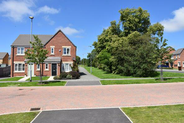 Picture of a paved raised table to slow traffic and provide level access across the carriageway for pedestrians at Grimes Dyke. The image notes existing trees retained providing instant maturity to the development.