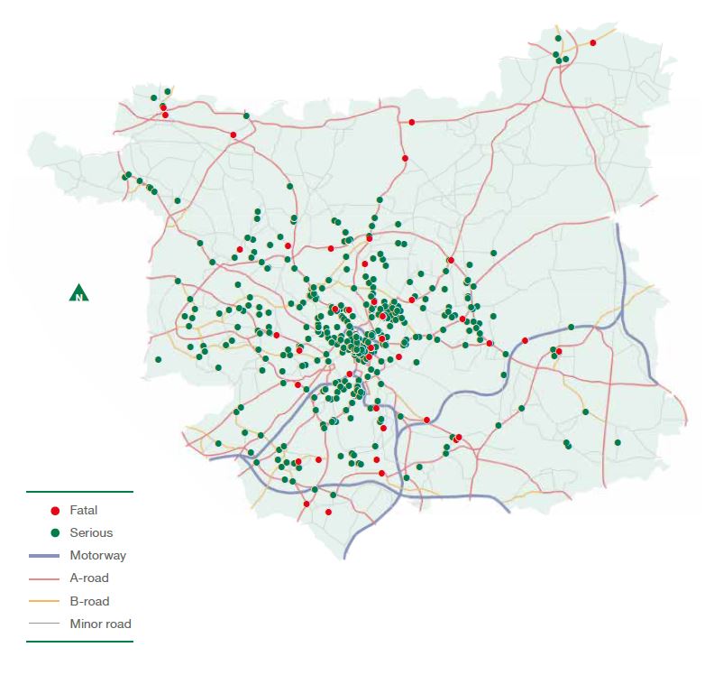 infographic showing fatal and serious collisions involving pedestrians between 2017 and 2021 across motorways, A-roads, B-roads and minor roads. This shows a high proprotion of serious collisions in and close to the city centre, and the smaller number of fatal collisions spread fairly evenly across the Leeds council area.