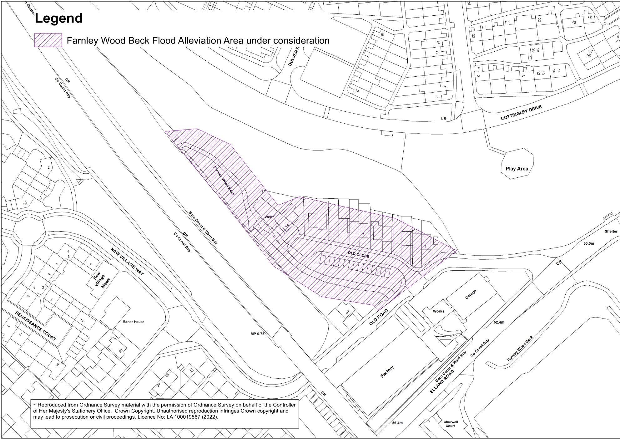 Map showing hatched area under consideration for the Farnley Wood Beck FRS