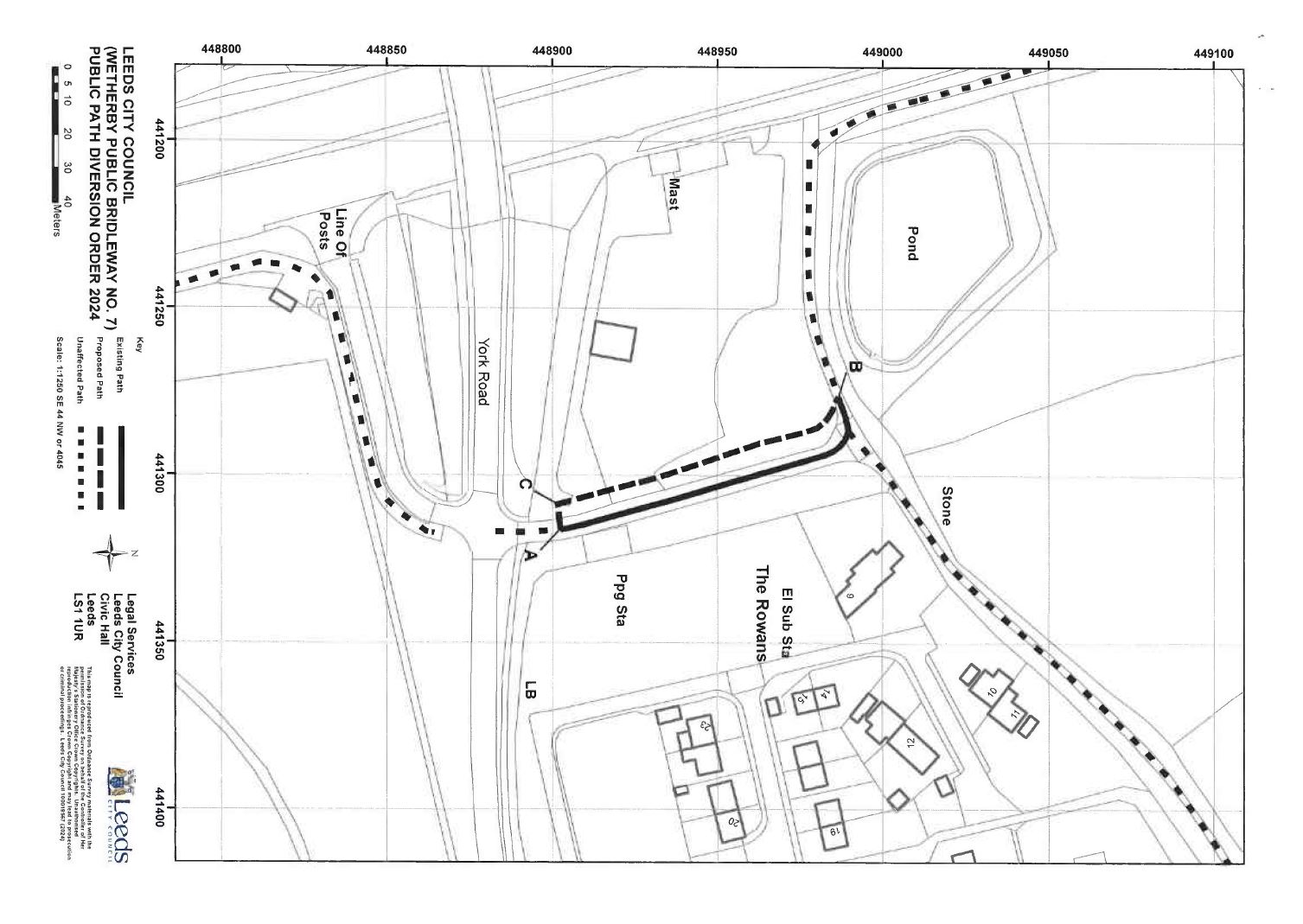 map showing the bridleway to be diverted at Carr Lane, Wetherby north of its junction with York Road